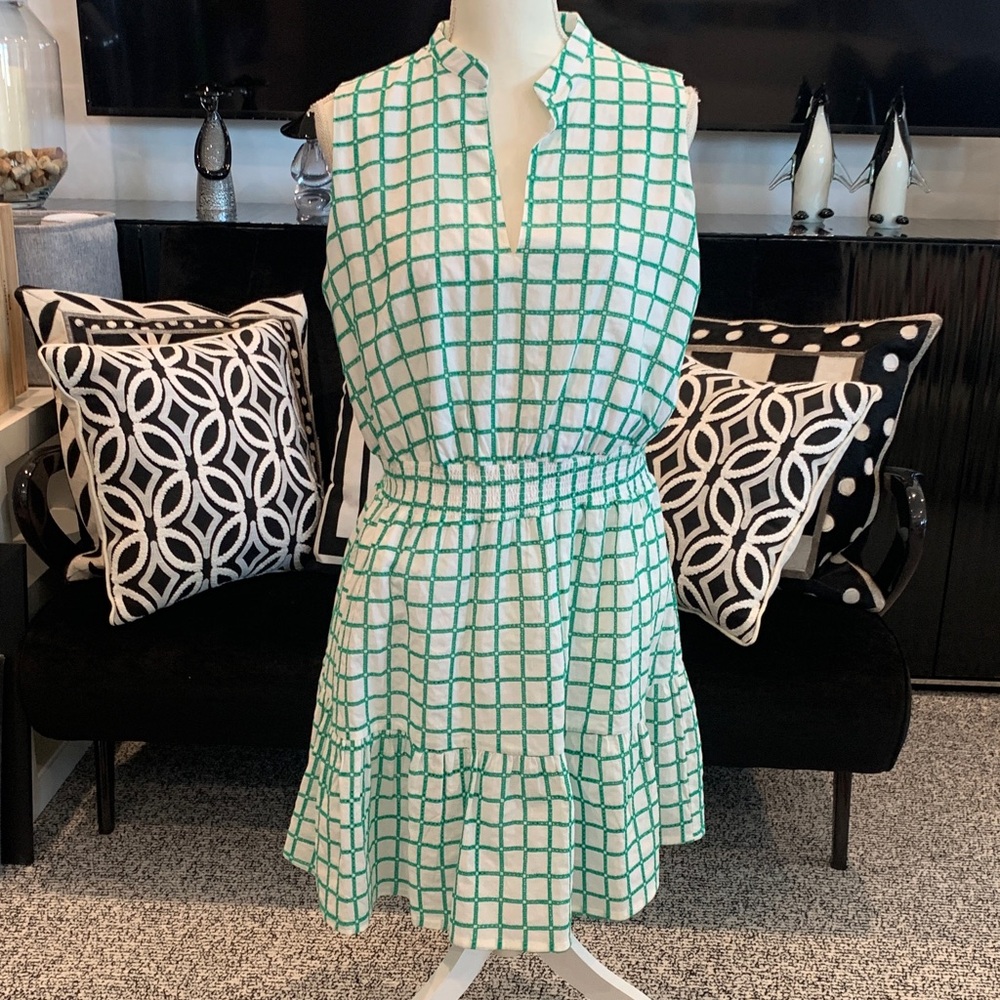 Southern TideSleeveless White Dress with Green Grid Pattern. XL